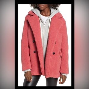 BP Faux Fur Pink Pea Coat Four Button Double Breasted Two Pocket Front Size S